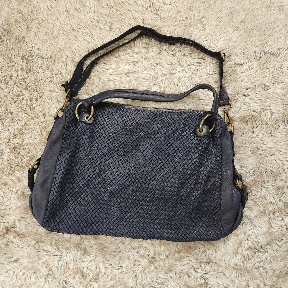 Juliana Cortini Black Leather Weaved Tote With Detachable Shoulder Strap